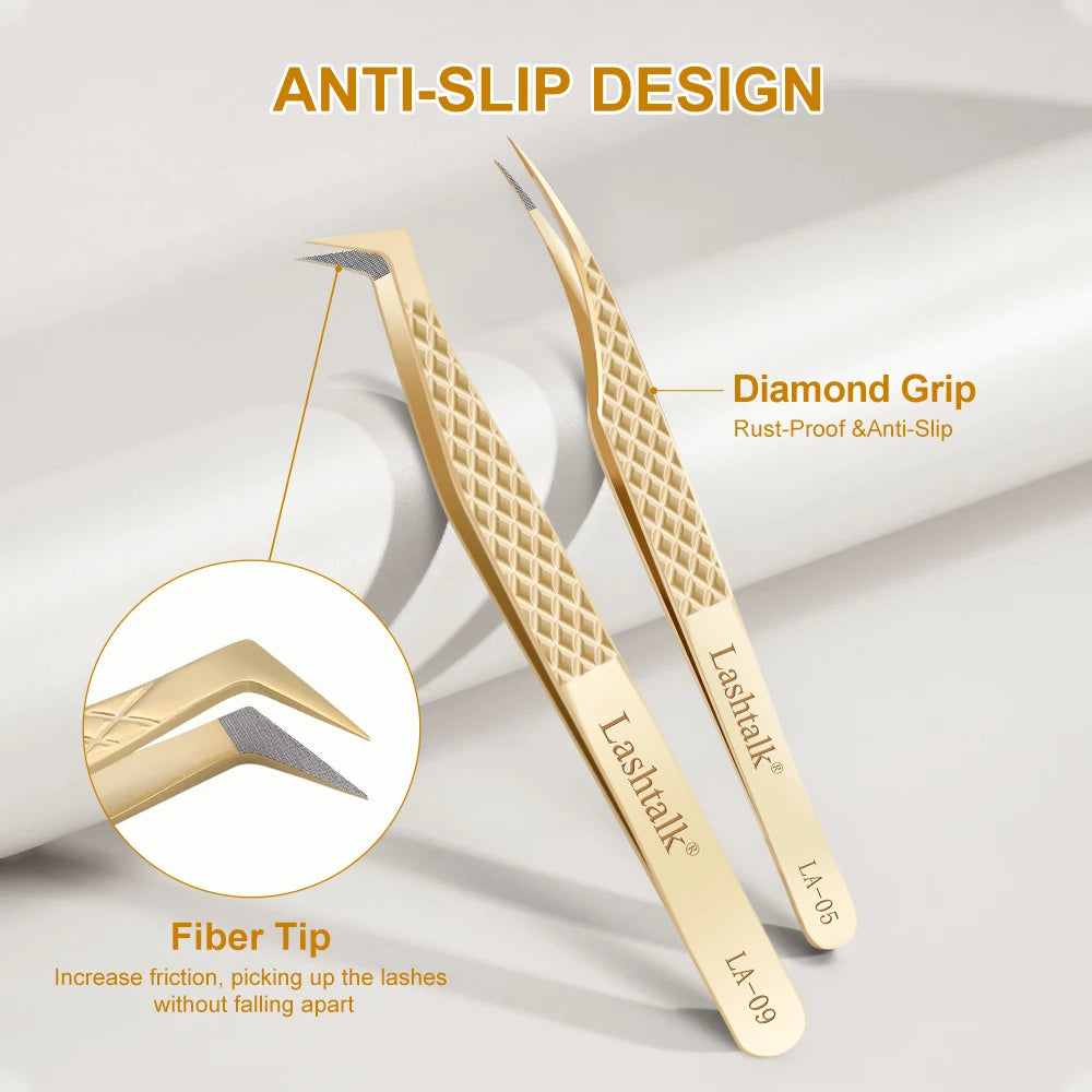 Lashtalk Precision Lash Tweezers - Fiber Tip, Diamond Anti-Slip Grip, Gold Stainless Steel