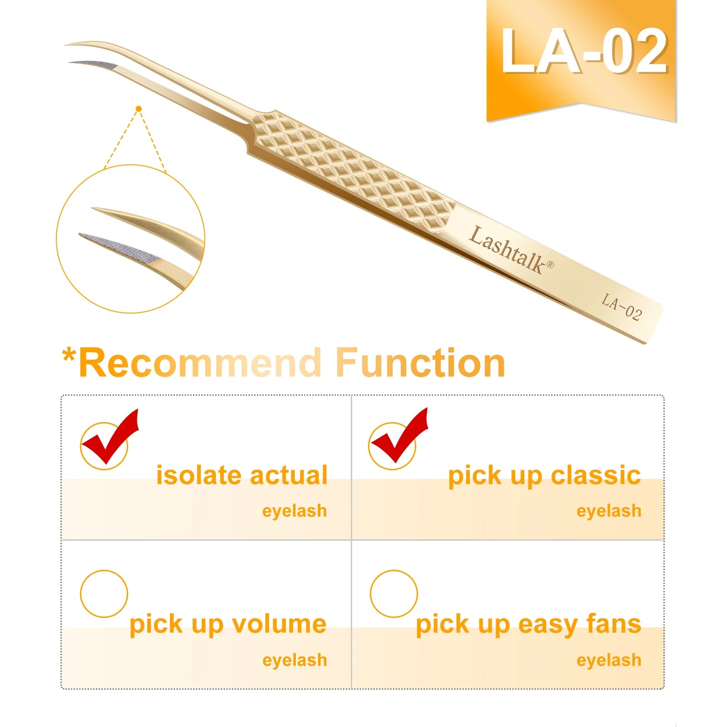 Lashtalk Precision Lash Tweezers - Fiber Tip, Diamond Anti-Slip Grip, Gold Stainless Steel