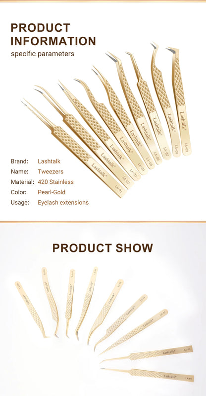 Lashtalk Precision Lash Tweezers - Fiber Tip, Diamond Anti-Slip Grip, Gold Stainless Steel