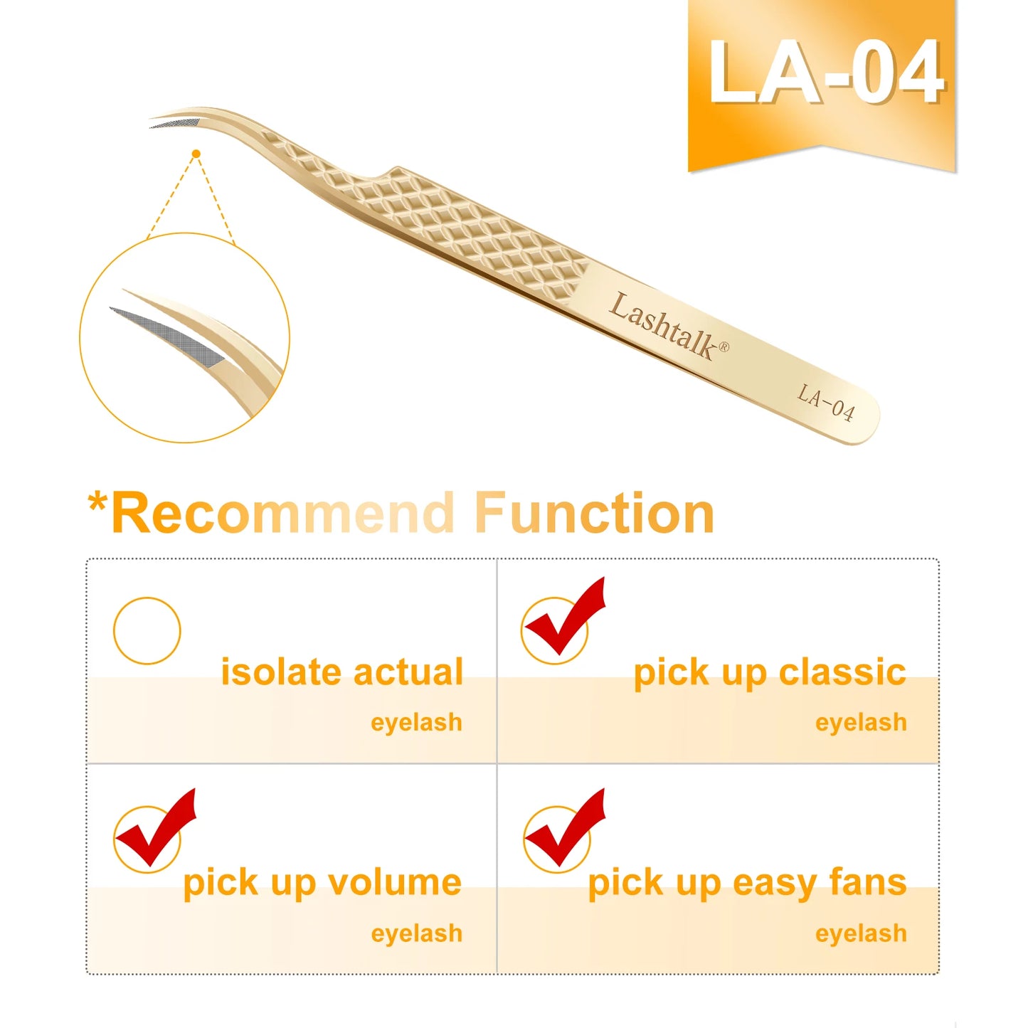 Lashtalk Precision Lash Tweezers - Fiber Tip, Diamond Anti-Slip Grip, Gold Stainless Steel