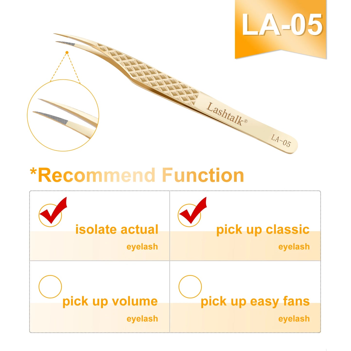 Lashtalk Precision Lash Tweezers - Fiber Tip, Diamond Anti-Slip Grip, Gold Stainless Steel