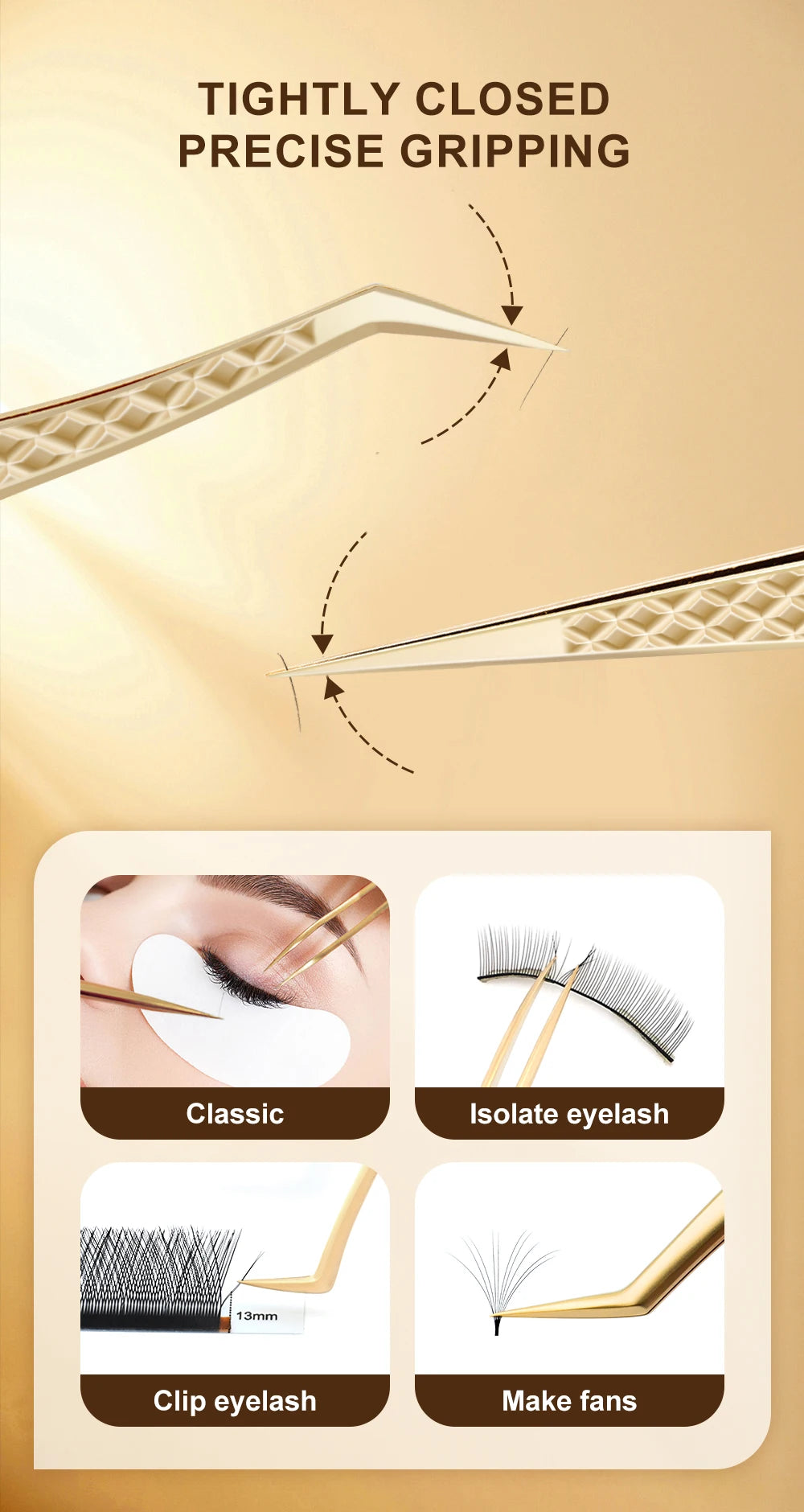 Lashtalk Precision Lash Tweezers - Fiber Tip, Diamond Anti-Slip Grip, Gold Stainless Steel