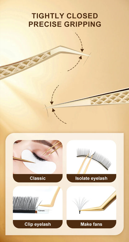 Lashtalk Precision Lash Tweezers - Fiber Tip, Diamond Anti-Slip Grip, Gold Stainless Steel